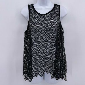 Hands to Hearts Sz L XL Black Open Knit Crochet Sleeveless Tank Top Summer Shirt